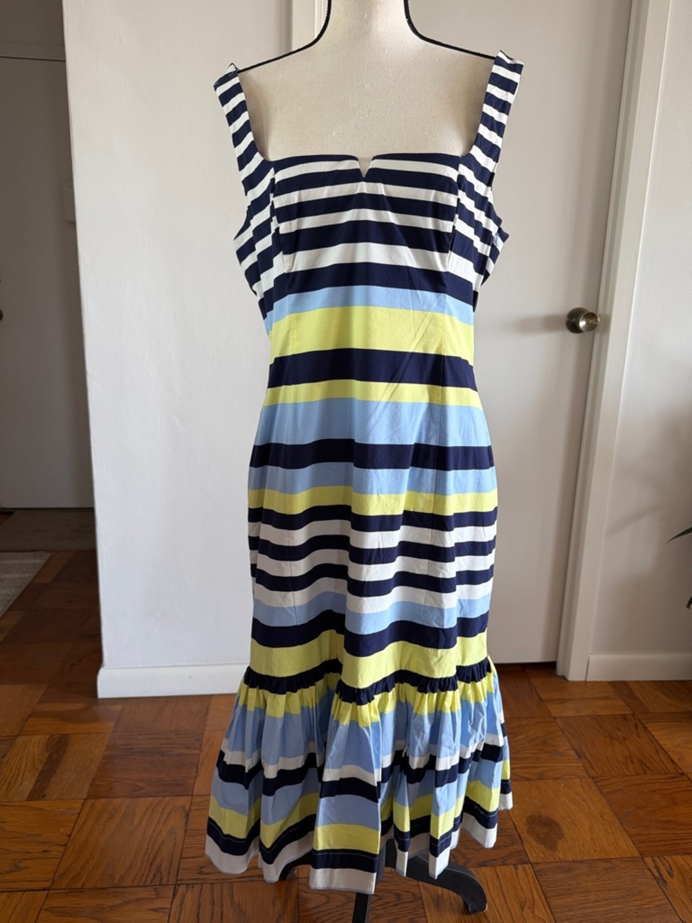 Maeve Striped Square-Neck Midi Dress in Navy, Light Blue, Yellow, White